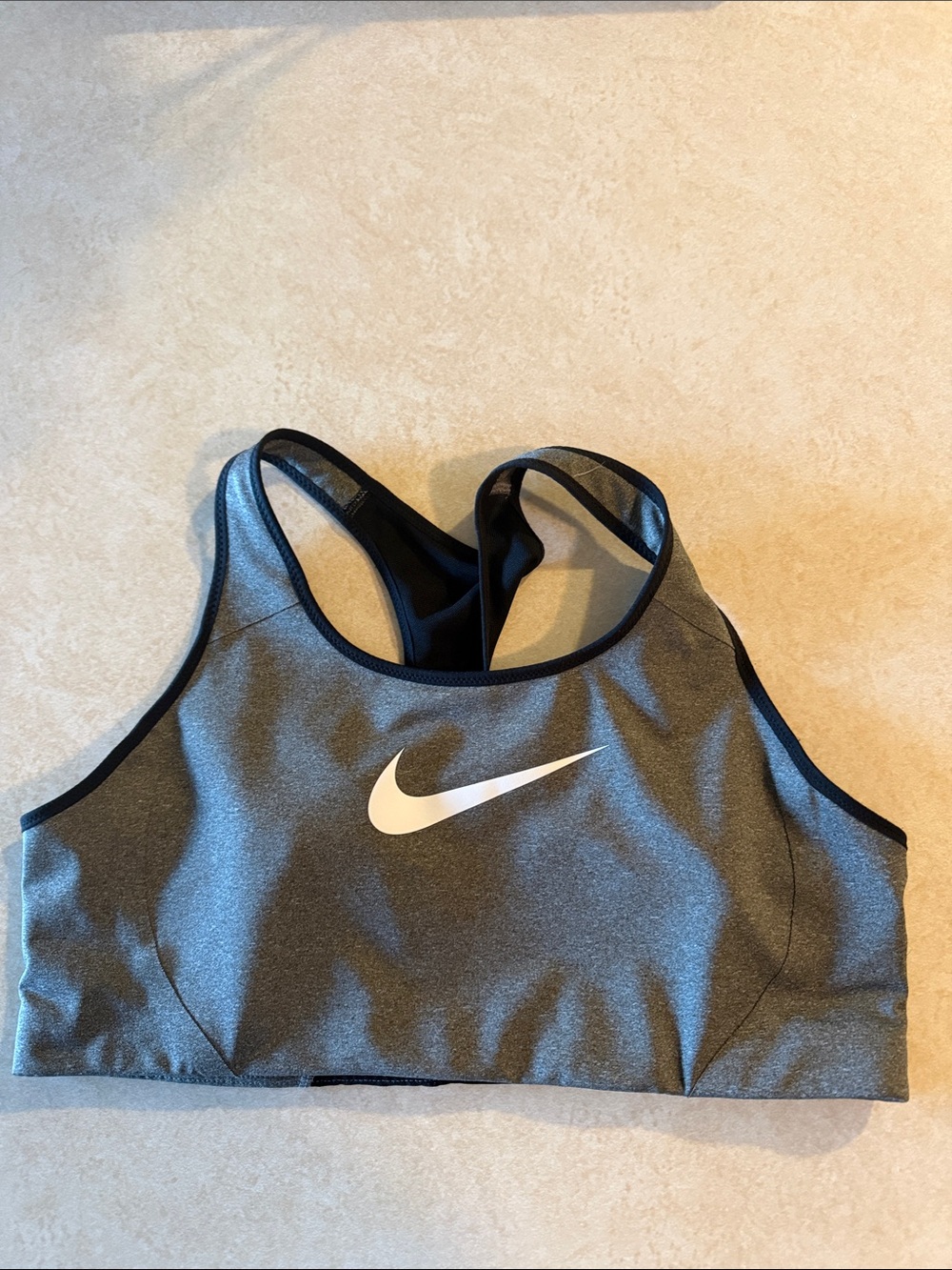 Nike Charcoal Grey Racerback Sports Bra with White Swoosh